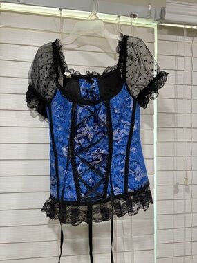 Blue Brocade Lace-Up Bustier Top with Black Sheer Puff Sleeves